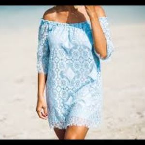 BB DAKOTA baby blue lace off the shoulder dress
